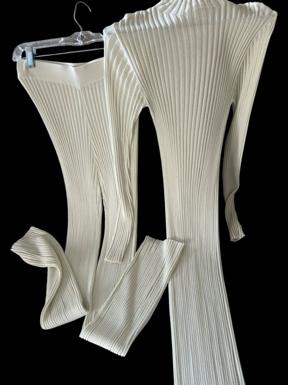 Zara Ivory Ribbed Knit Matching Set Tunic Top & Flare Pants